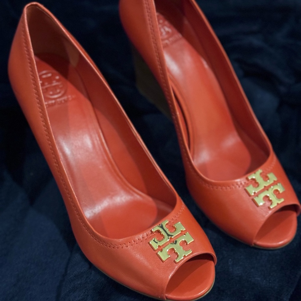 Tory Burch Orange Wedges with Gold Detail